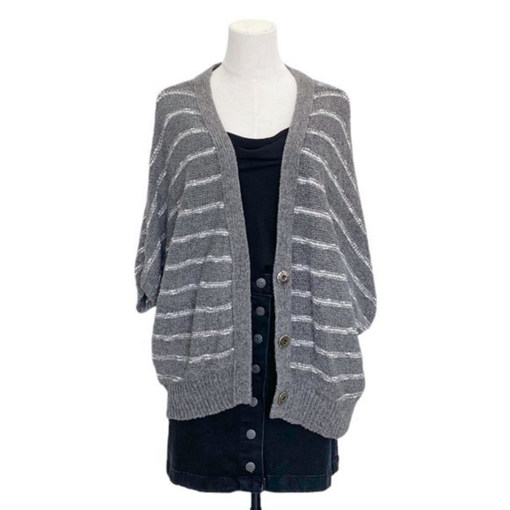 FREE PEOPLE Gray/White Stripe Slouchy Oversized Half Sleeve Cocoon Cardigan SzXS